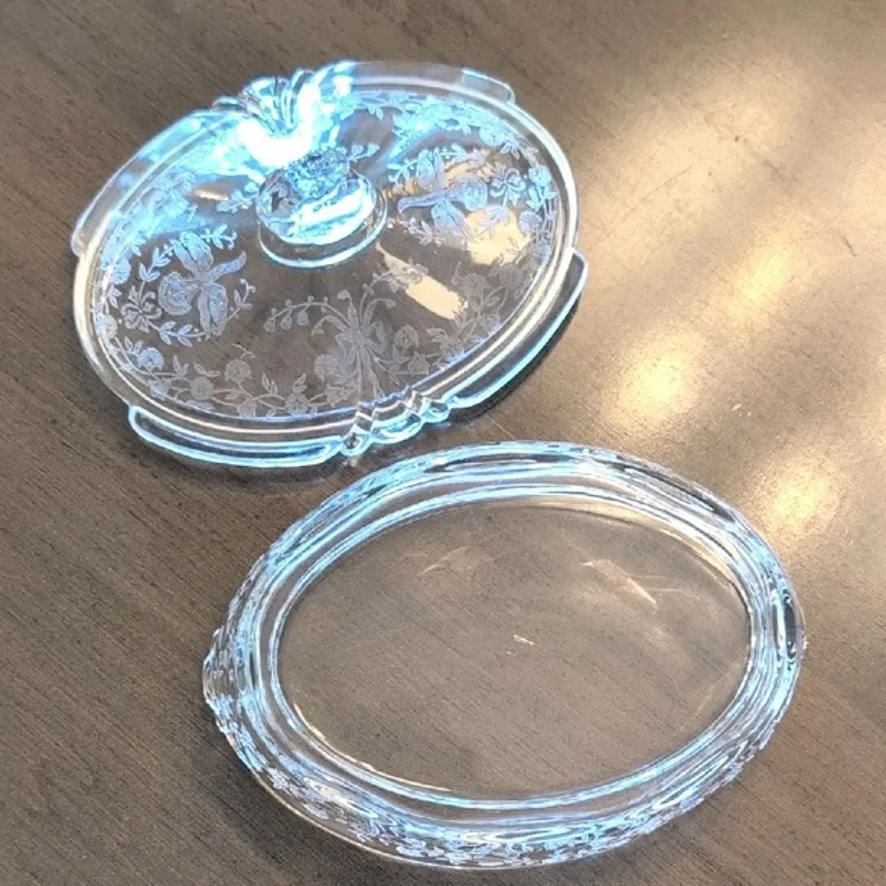Heisey Glass Elegant Queen Ann Etched Orchid Lemon Dish with Dolphin Finial 1940